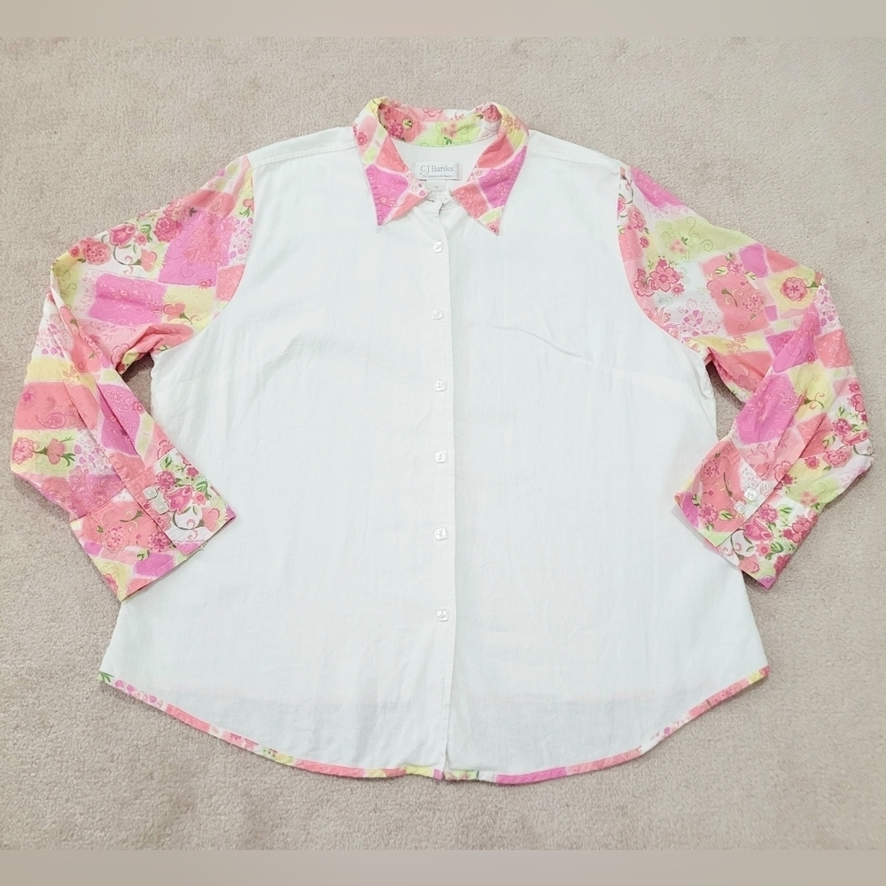 CJ Banks Vintage Women's Size 1X Linen Blend Button Front Shirt Floral Patchwork - Picture 7 of 13
